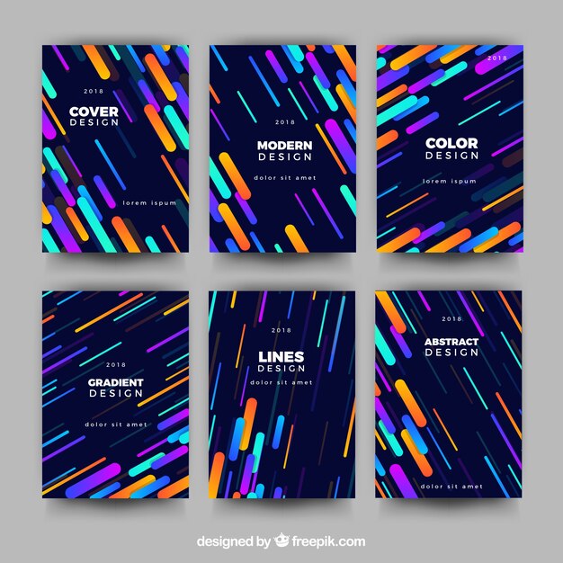 Colección de plantillas de portada con líneas coloridas
