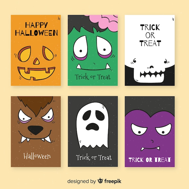 Vector gratuito colección de plantillas de tarjetas de halloween dibujadas a mano