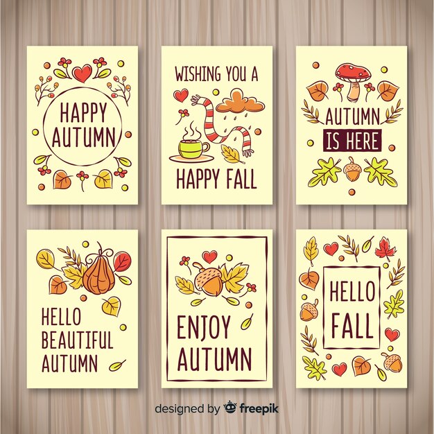 Colección de plantillas de tarjetas de otoño dibujadas a mano