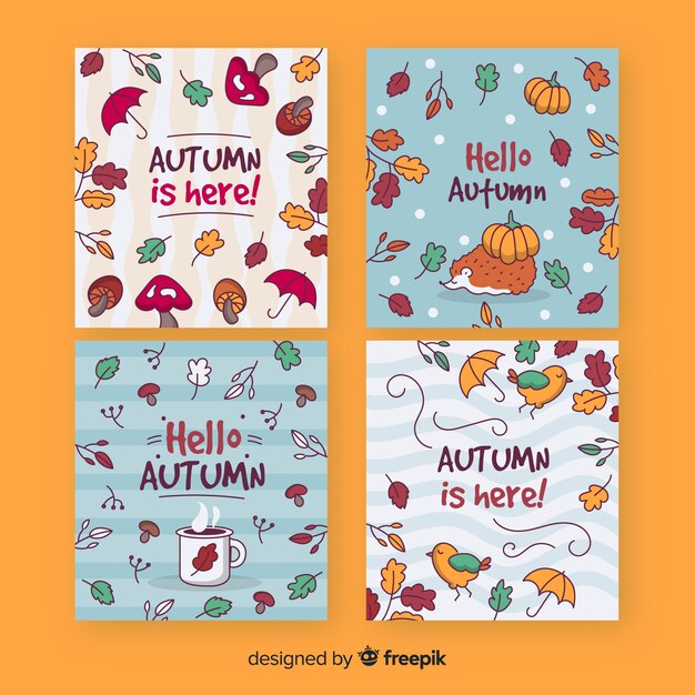 Colección de plantillas de tarjetas de otoño dibujadas a mano