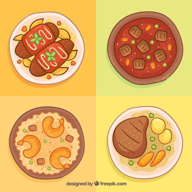 Vector gratuito colección de platos con comida deliciosa