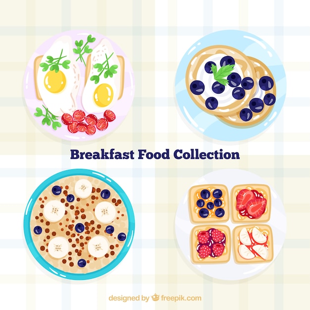 Colección de platos con comida de desayuno