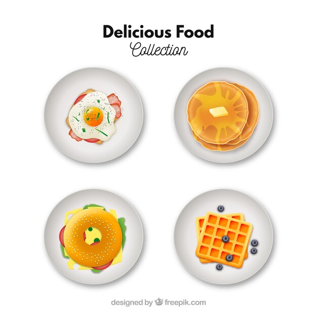 Colección de platos de comida con desayuno