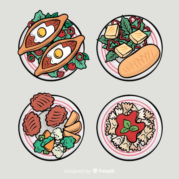 Colección platos de comida dibujada a mano
