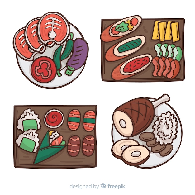 Colección platos de comida dibujada a mano