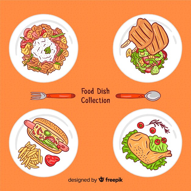 Colección de platos de comida dibujado a mano
