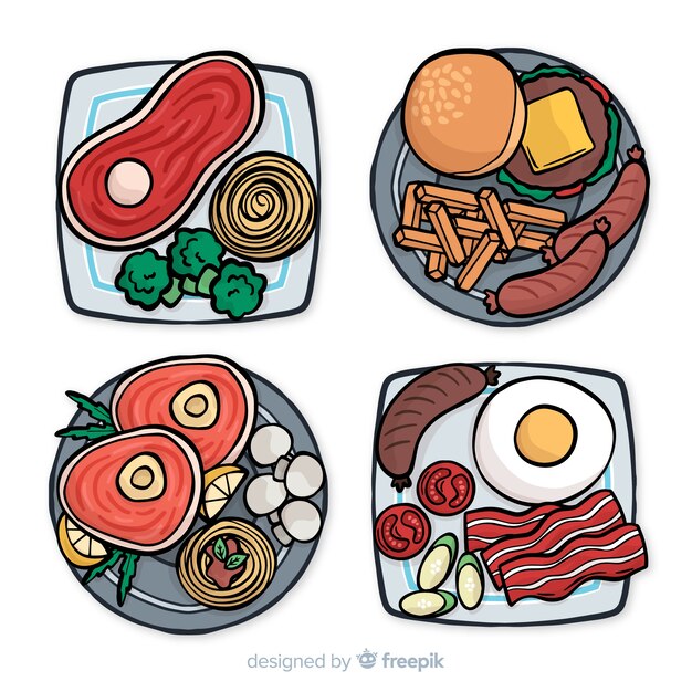 Colección de platos de comida dibujado a mano