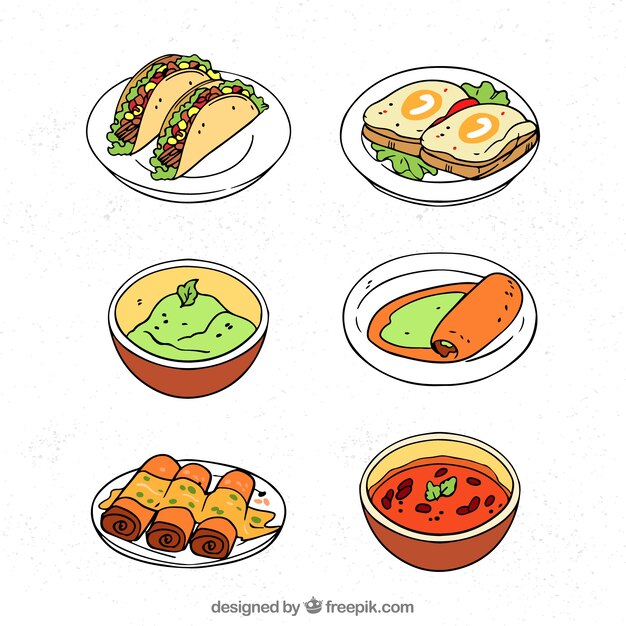 Colección de platos de comida dibujados a mano
