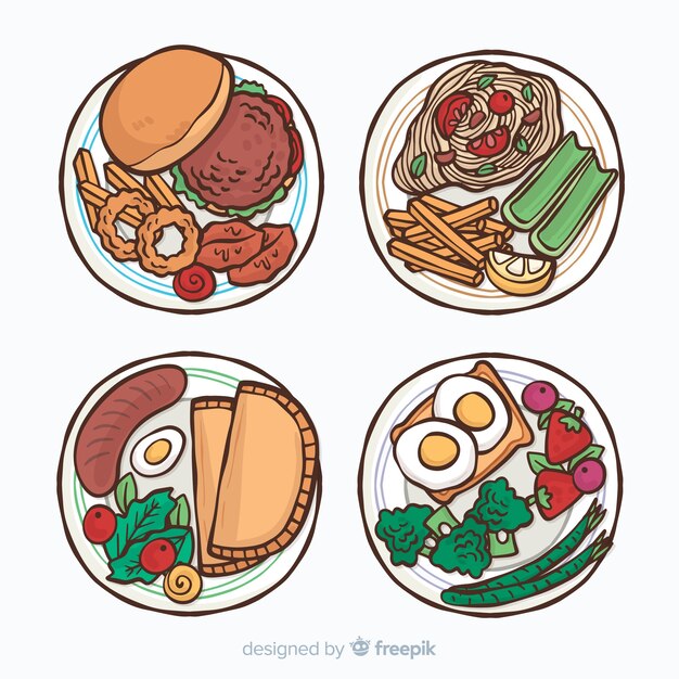 Colección de platos de comida dibujados a mano