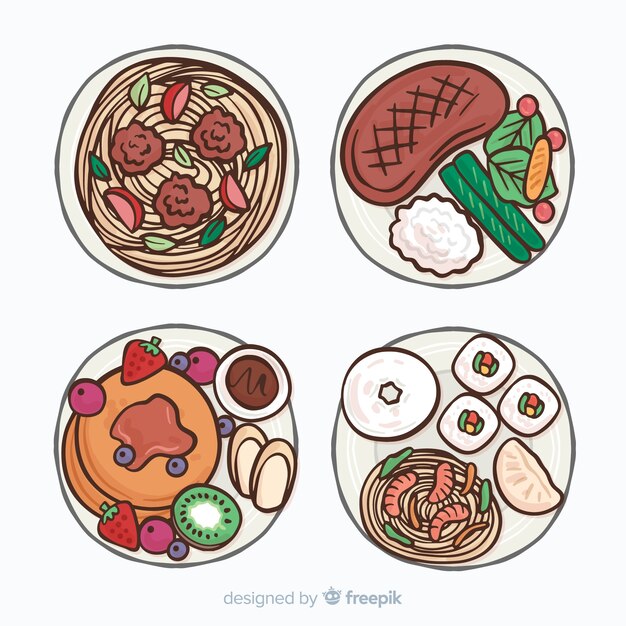 Colección de platos de comida dibujados a mano