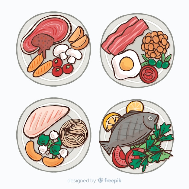 Colección de platos de comida dibujados a mano