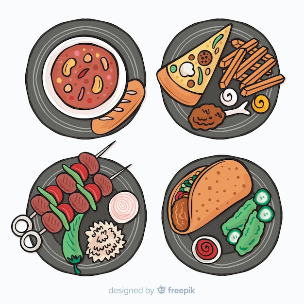 Vector gratuito colección de platos de comida dibujados a mano