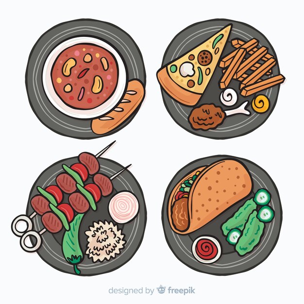 Colección de platos de comida dibujados a mano