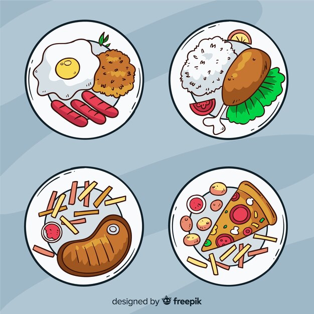Colección de platos de comida dibujados a mano