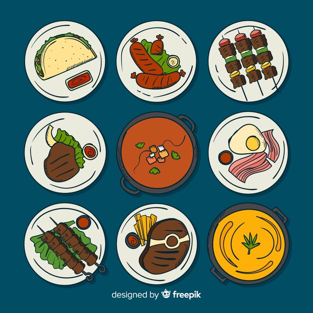 Colección de platos de comida dibujados a mano