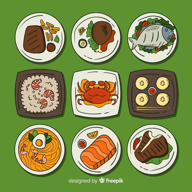 Colección de platos de comida dibujados a mano