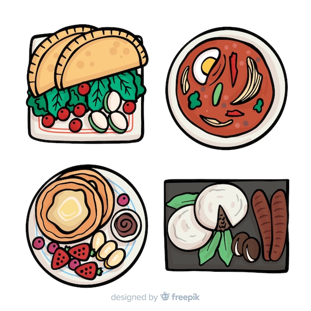 Colección de platos de comida dibujados a mano