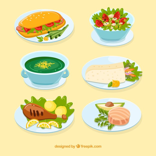Colección de platos con comida diferente