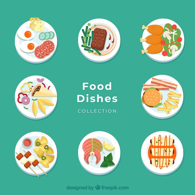 Colección de platos con comida diferente