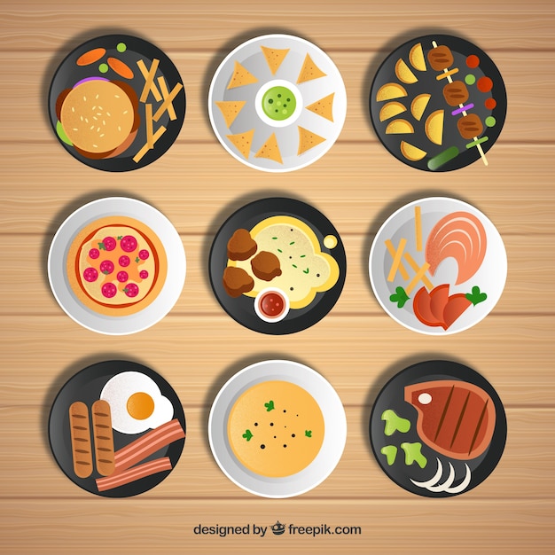 Colección de platos con comida diferente