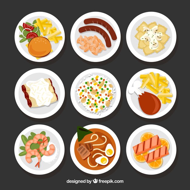 Colección de platos con comida diferente