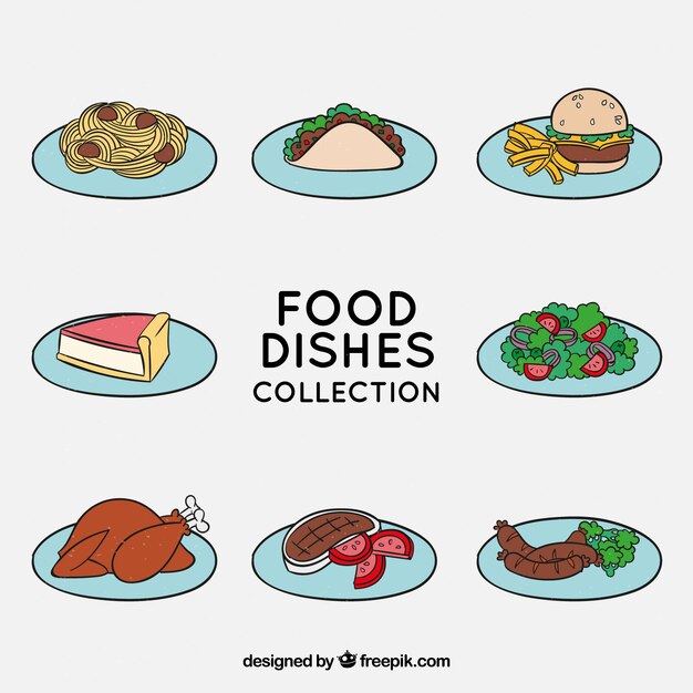 Colección de platos con comida diferente