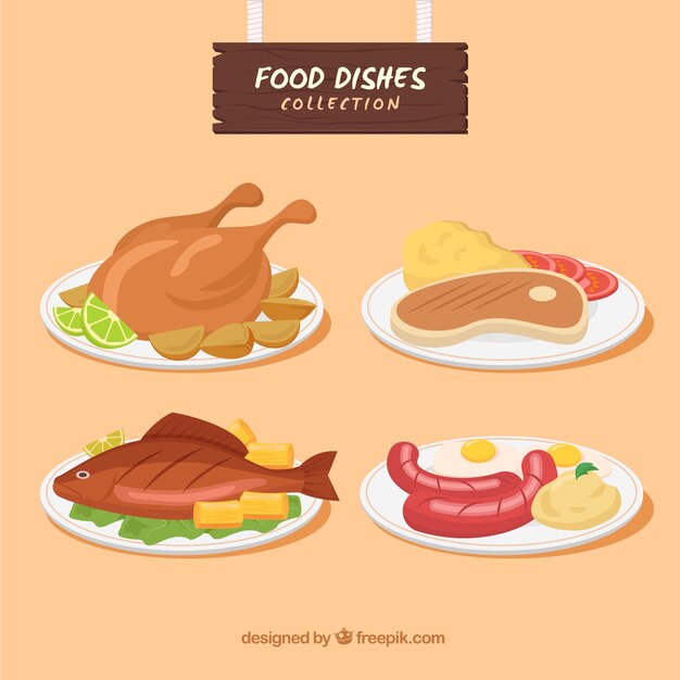 Colección de platos de comida con diseño plano