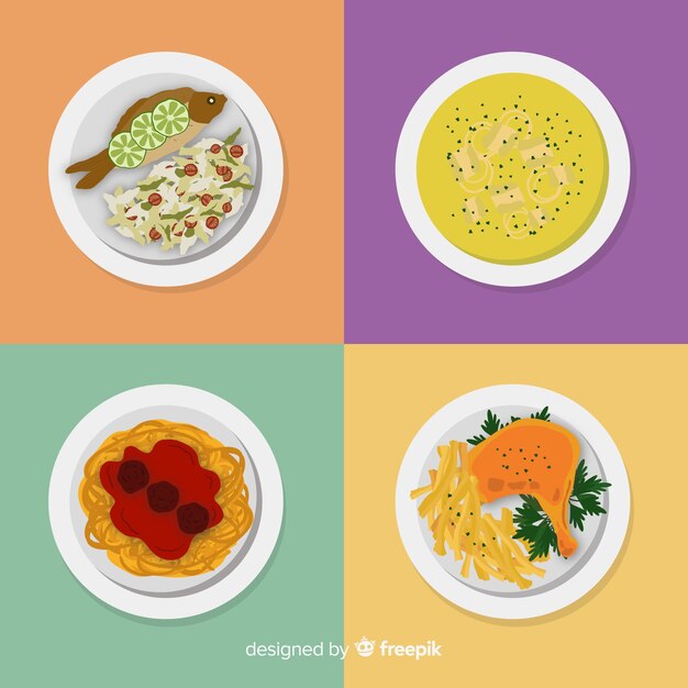 Colección de platos de comida en diseño plano