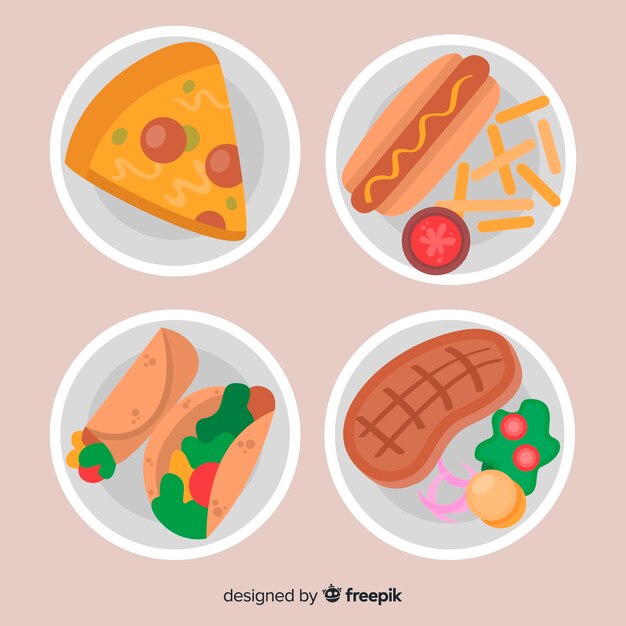 Colección de platos de comida en diseño plano