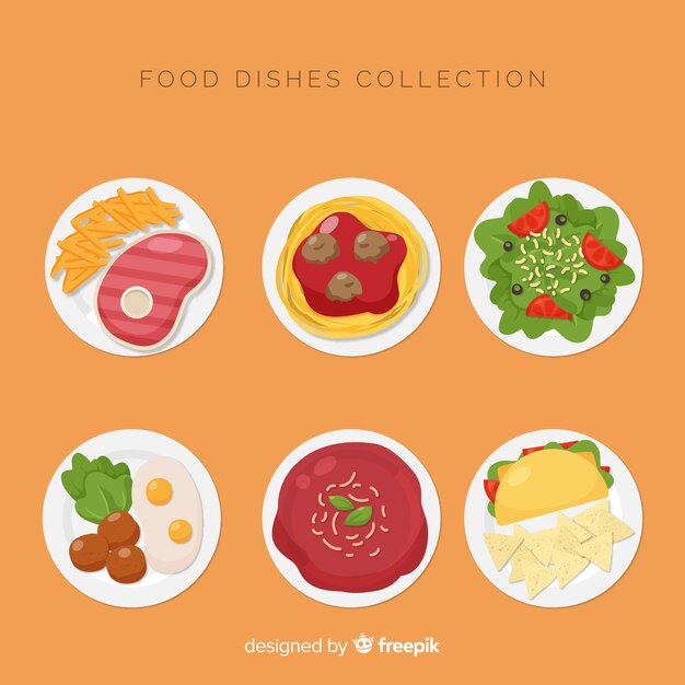 Colección de platos de comida en diseño plano