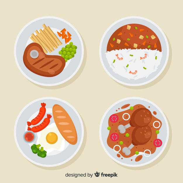 Colección de platos de comida en diseño plano