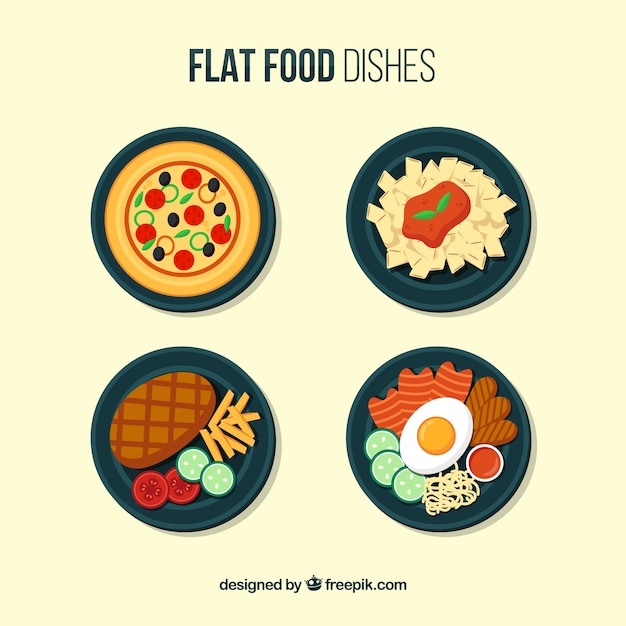 Colección de platos con comida en vista superior