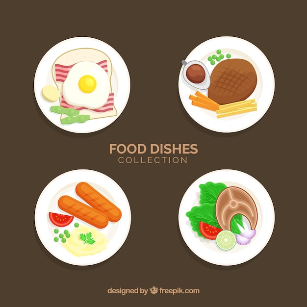 Colección de platos con comida en vista superior