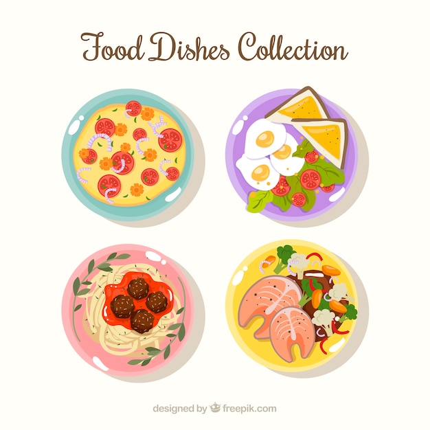 Colección de platos de comida en vista superior