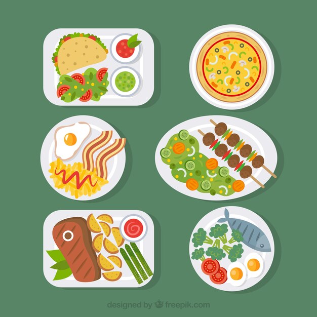 Colección de platos de comida en vista superior