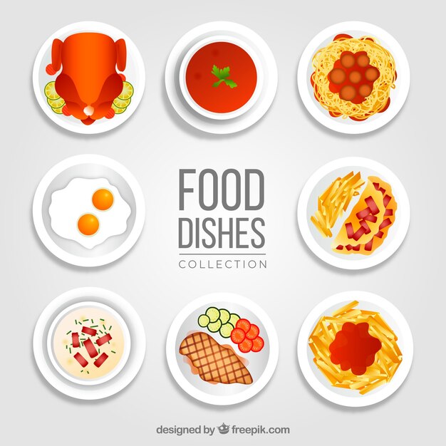 Colección de platos de comida en vista superior