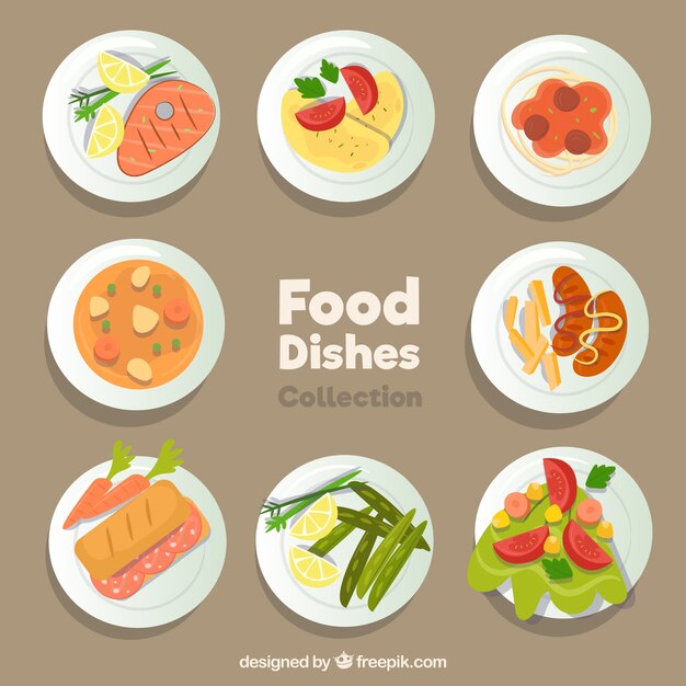 Colección de platos de comida en vista superior