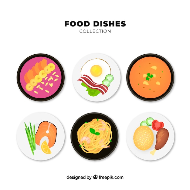 Colección de platos de comida en vista superior