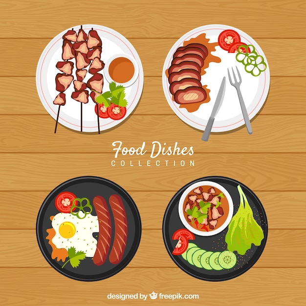 Vector gratuito colección de platos de comida en vista superior