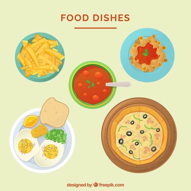Colección de platos de comida vistos desde arriba