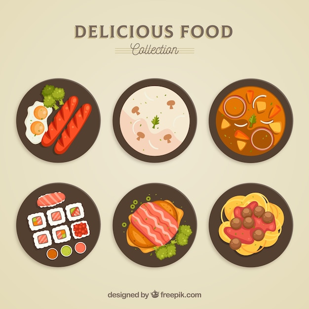 Colección de platos de comida vistos desde arriba