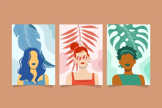 Colección de portadas de retratos de moda dibujados a mano