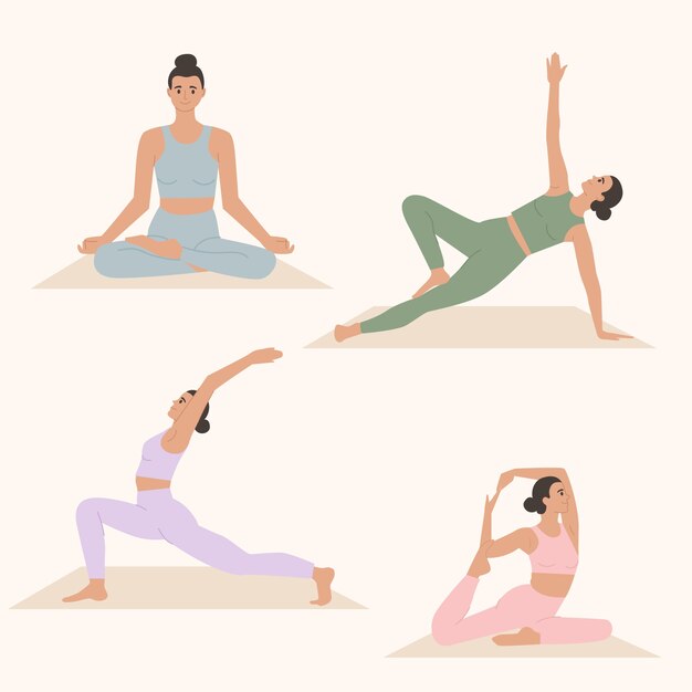 Colección de poses de yoga planas dibujadas a mano del día internacional del yoga