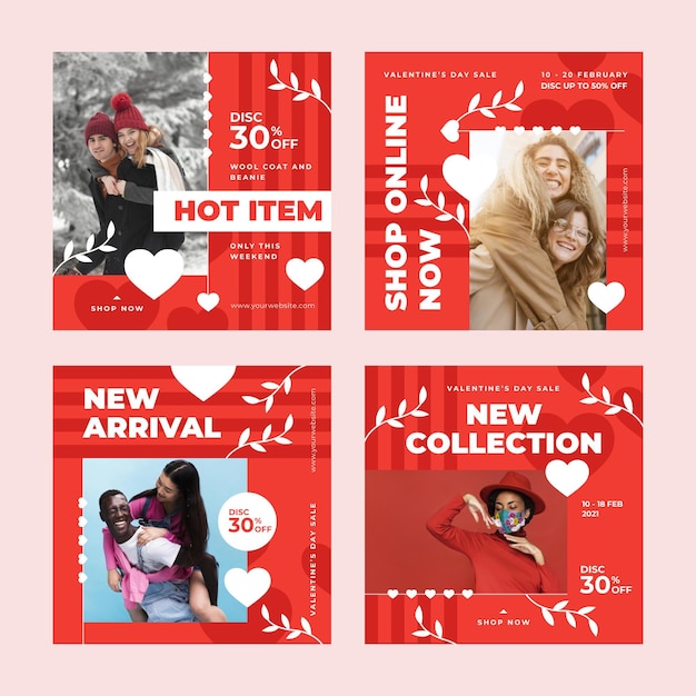 Vector gratuito colección de post de rebajas del día de san valentín