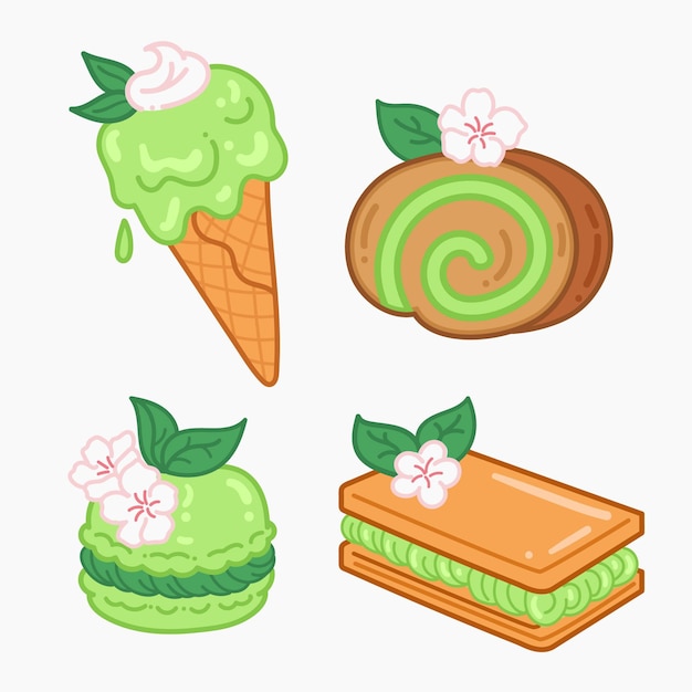 Vector gratuito colección de postre matcha aislado sobre fondo blanco.