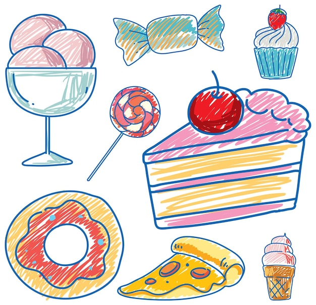 Colección de postres de colores dibujados a mano