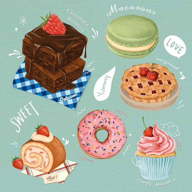 Colección de postres dibujados a mano