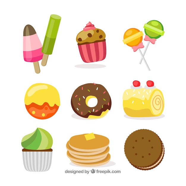 Vector gratuito colección de postres dulces en estilo hecho a mano