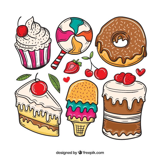 Vector gratuito colección de postres dulces en estilo hecho a mano