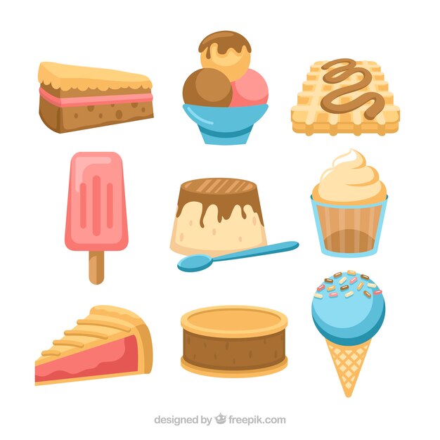 Colección de postres dulces en estilo plano